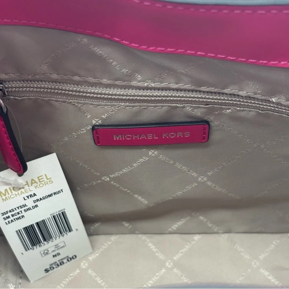 MICHAEL KORS LYRA WOMEN SMALL LEATHER SNAP BUCKET SHOULDER PURSE BAG DRAGONFRUIT - Picture 5 of 6